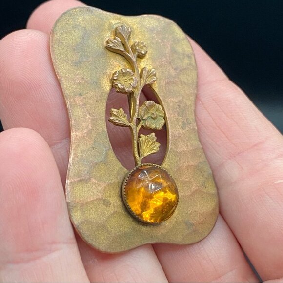 Antique Art Nouveau Brass Thistle Brooch with Citrine Colored Cabochon - Picture 6 of 11